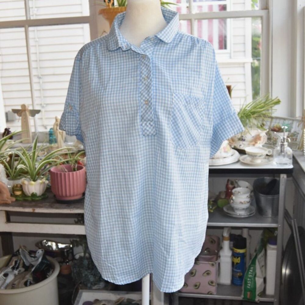 Vintage 70s Lady Oak Hill Blue Gingham Blouse XL Peter Pan Collar Cottagecore